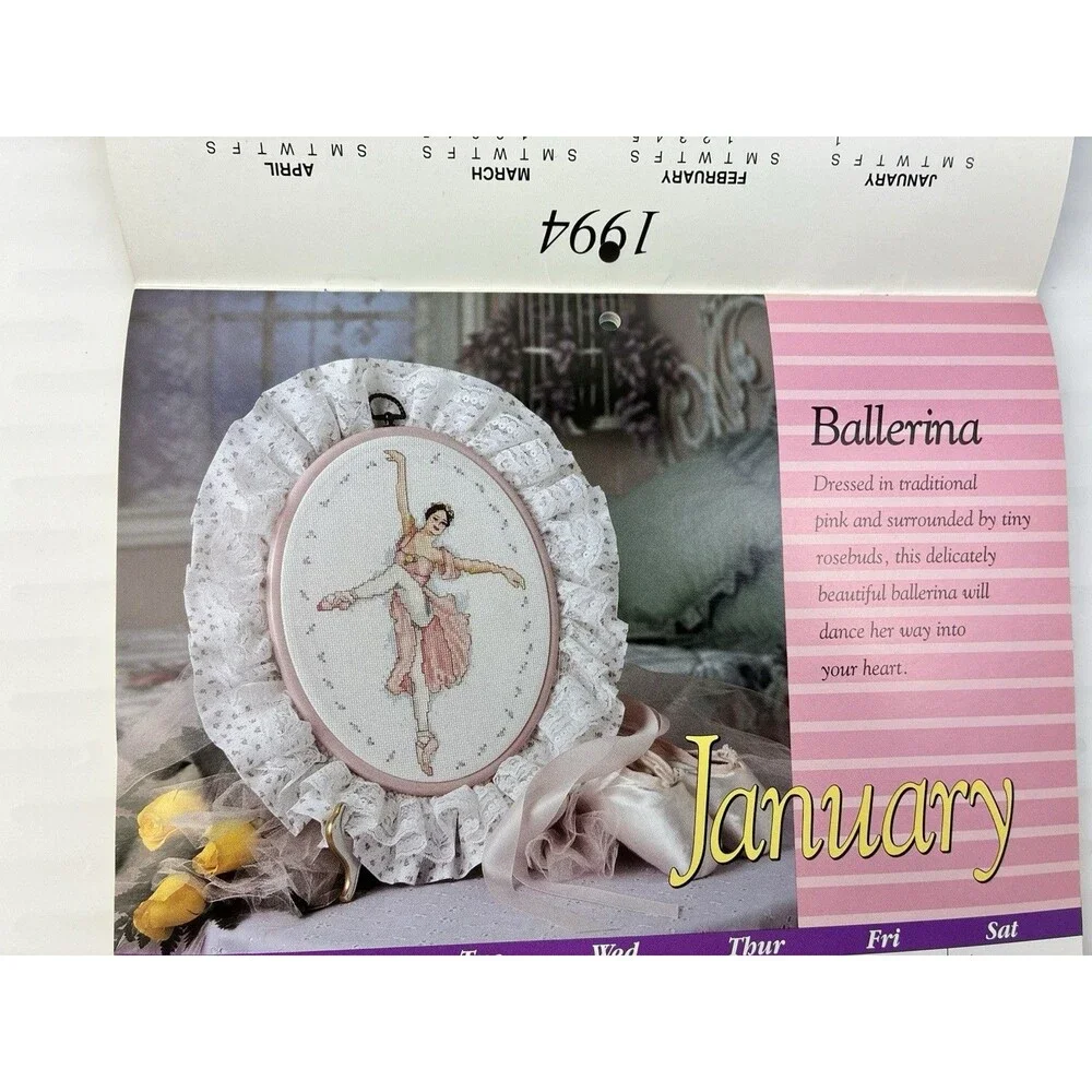 Calendar Cross Stitch 12 Patterns 1994 Rose Cat Daffodil Ballerina Car USA Bear